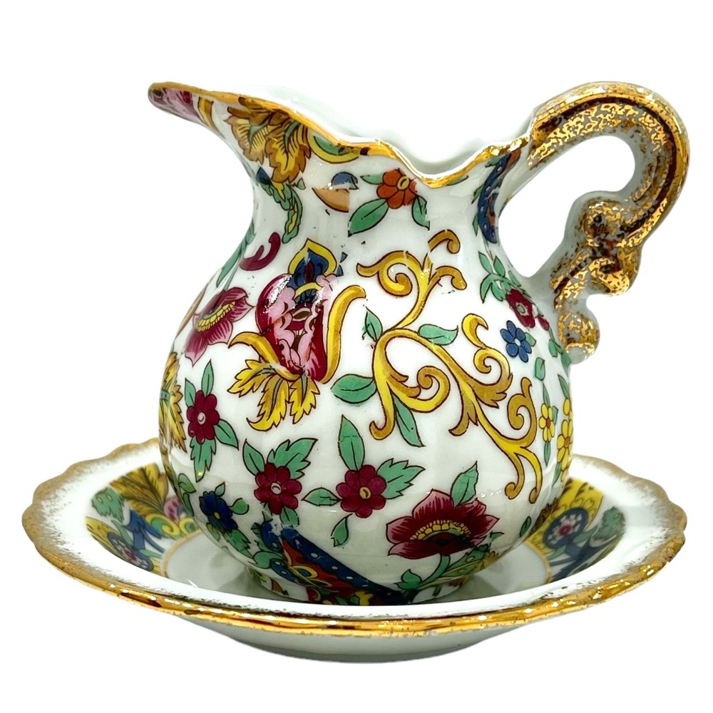 VINTAGE LENWILE/ARNART OF JAPAN SMALL WHITE W MULTICOLOR CREAMER & UNDERPLATE